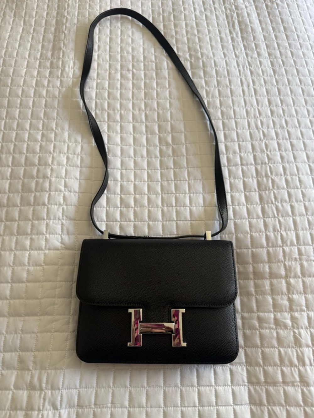 Black Leather Shoulder Bag with Signature H Clasp